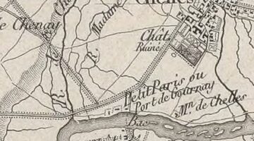 cette carte retrospective montre la seigneurie de Gournay tel qu'elle était en 1815, à la mort de Louis XIV. C'est à dire plusieurs années avant que le nouveau châtelain de Gournay-sur-Marne, le Sieur Claude Élisée de Court n'ait transformé entre 1720 et 1726 son parc, les implantations du bac et le cours du Bras Saint Arnoult